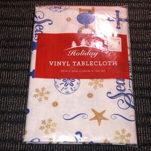 Square Size Nautical Vinyl Tablecloth with Blue and Gold Design